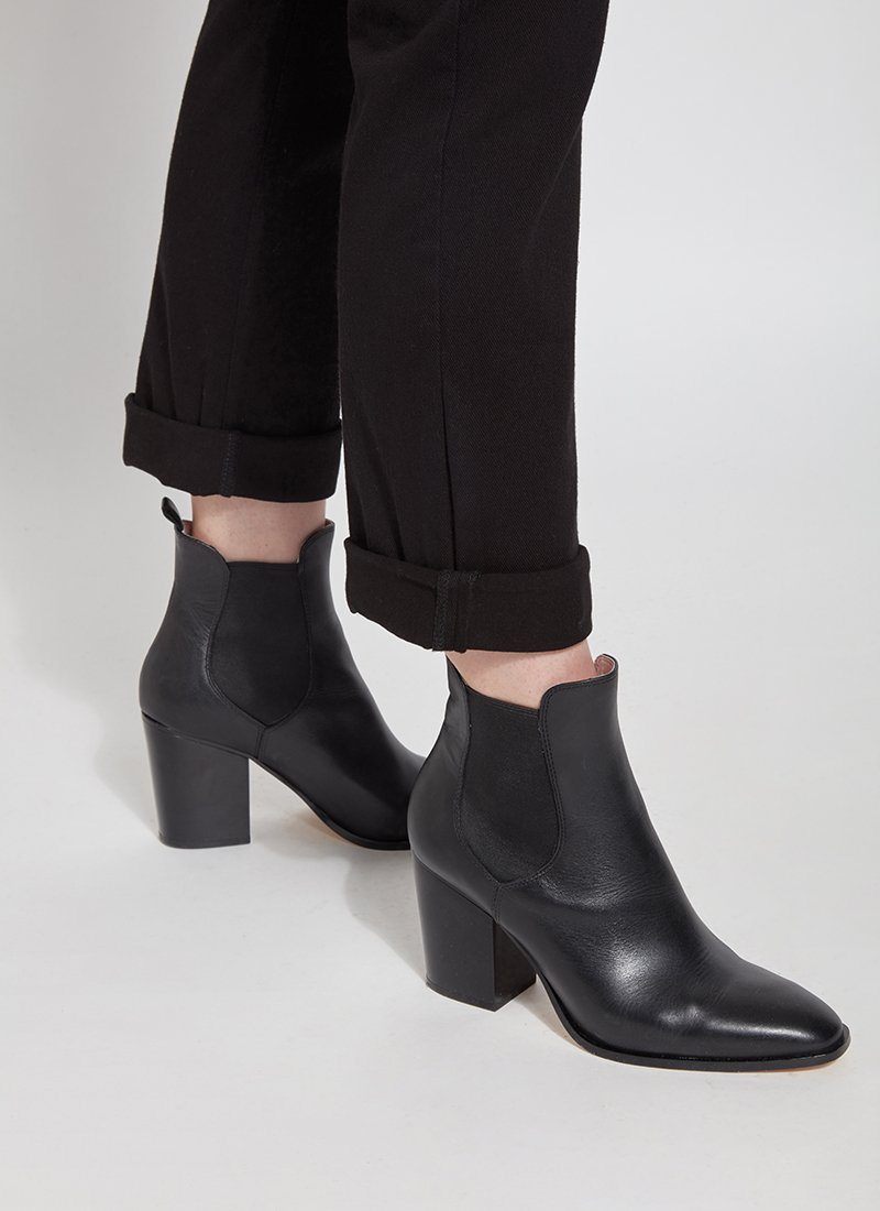 color=Black, hem detail, plus size boyfriend cut denim leggings with comfort waistband to smooth and slim
