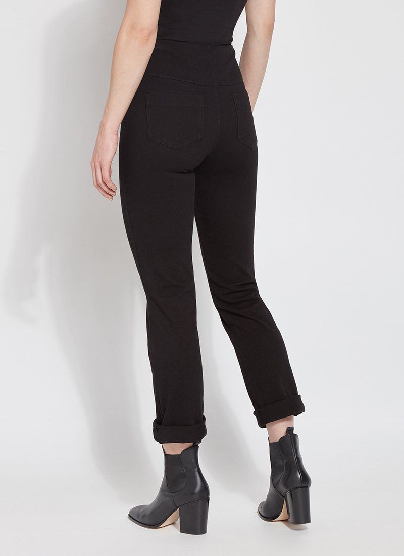 color=Black, back view, plus size boyfriend cut denim leggings with comfort waistband to smooth and slim