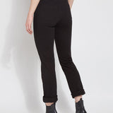 color=Black, back view, plus size boyfriend cut denim leggings with comfort waistband to smooth and slim