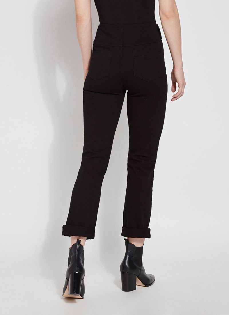 color=Black, back view, plus size boyfriend cut denim leggings with comfort waistband to smooth and slim