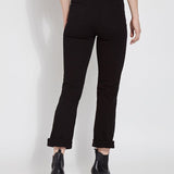 color=Black, back view, plus size boyfriend cut denim leggings with comfort waistband to smooth and slim