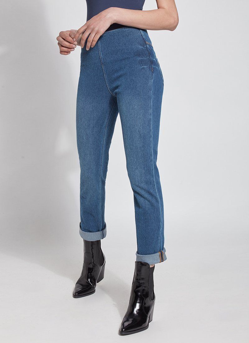 color=Mid Wash, front view, plus size boyfriend cut denim leggings with comfort waistband to smooth and slim