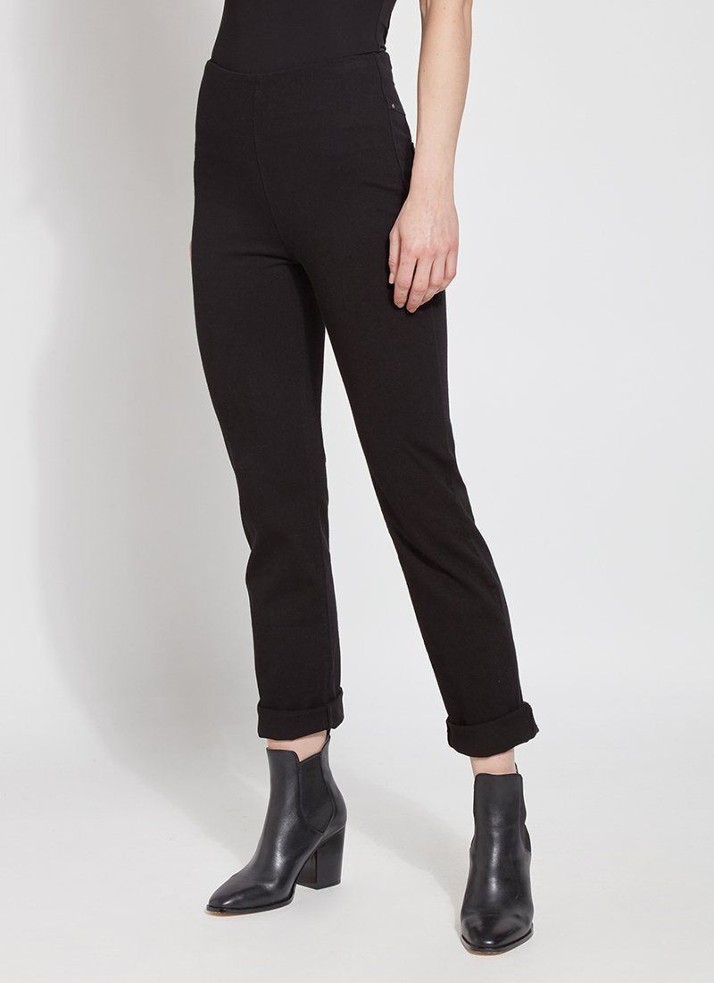 color=Black, front view, plus size boyfriend cut denim leggings with comfort waistband to smooth and slim