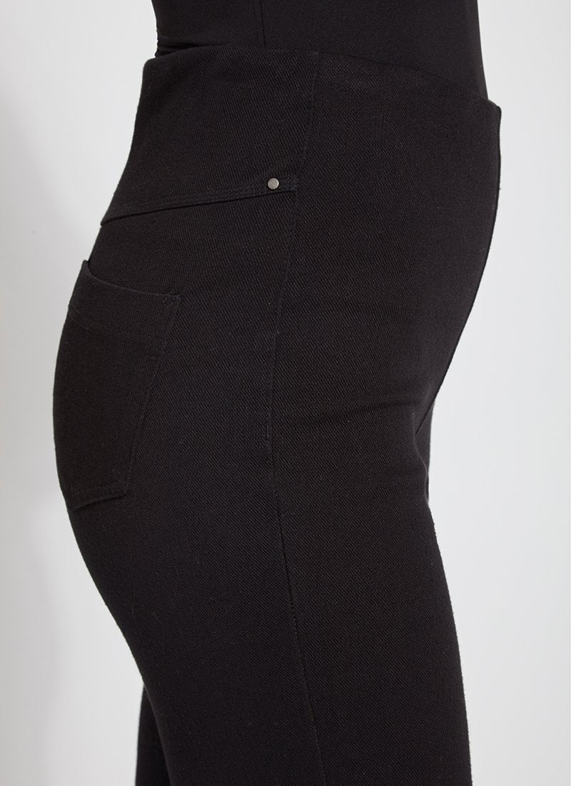 color=Black, waist detail, plus size boyfriend cut denim leggings with comfort waistband to smooth and slim