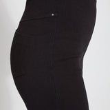 color=Black, waist detail, plus size boyfriend cut denim leggings with comfort waistband to smooth and slim