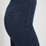color=Indigo, side waist detail, women's denim pant made from versatile stretch denim, has a concealed slimming waistband