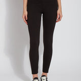 color=Black, Front shot of black cotton and spandex leggings pictured from the waist down, with concealed signature waistband