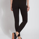 color=Black, Rear view of Black cotton and spandex leggings with concealed slimming signature waistband, from waist down