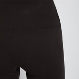 color=Black, Rear detail shot of black cotton and spandex leggings with concealed slimming signature waistband
