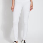 color=White, front view, stretch cotton leggings, yoga pants, with smoothing comfort waistband and lifting, contouring seaming