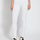 color=White, front view, stretch cotton leggings, yoga pants, with smoothing comfort waistband and lifting, contouring seaming