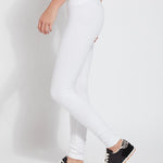 color=White, side view, stretch cotton leggings, yoga pants, with smoothing comfort waistband and lifting, contouring seaming