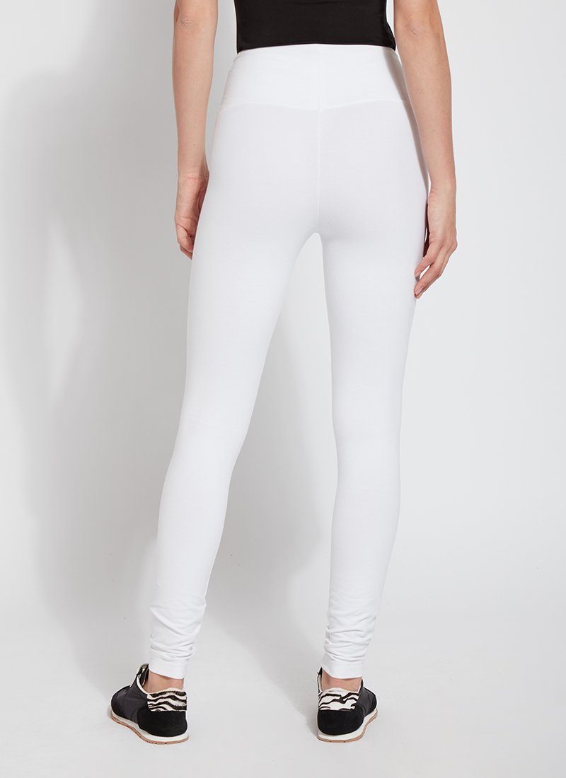 color=White, back view, stretch cotton leggings, yoga pants, with smoothing comfort waistband and lifting, contouring seaming