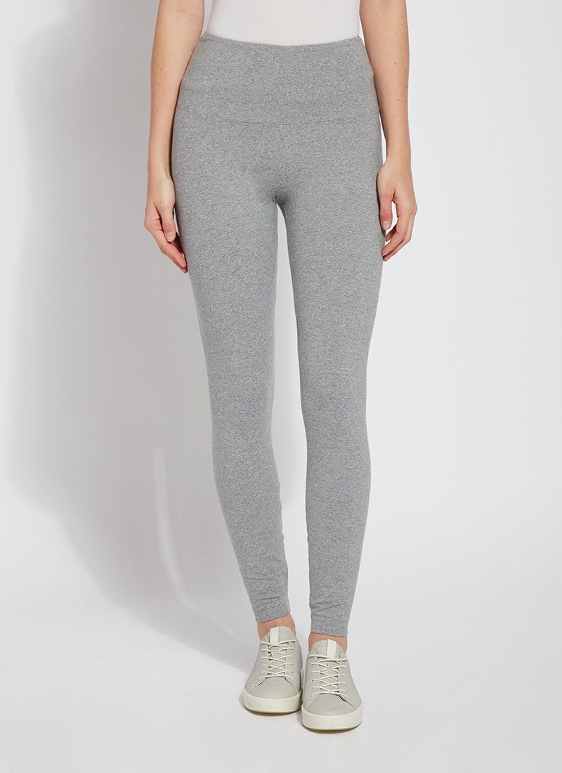 color=Grey Melange, front view, stretch cotton leggings, yoga pants, with smoothing comfort waistband and lifting, contouring seaming