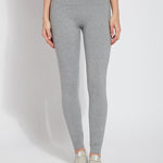 color=Grey Melange, front view, stretch cotton leggings, yoga pants, with smoothing comfort waistband and lifting, contouring seaming