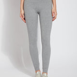color=Grey Melange, front view, stretch cotton leggings, yoga pants, with smoothing comfort waistband and lifting, contouring seaming