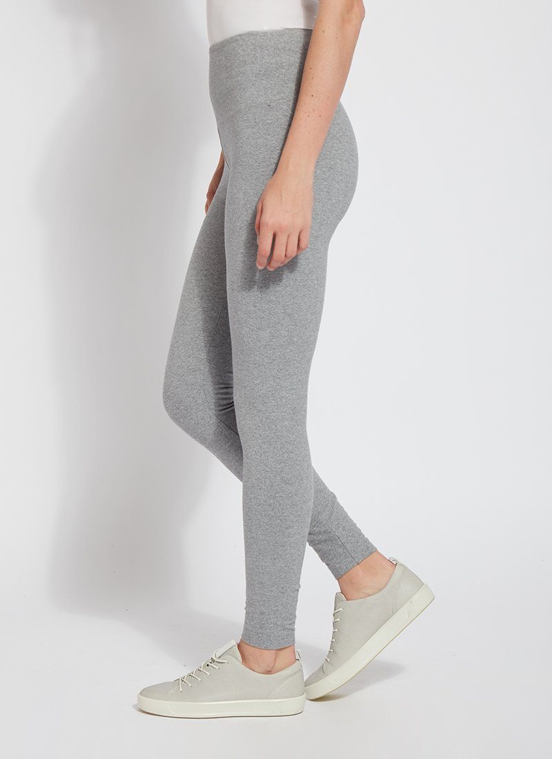 color=Grey Melange, side view, stretch cotton leggings, yoga pants, with smoothing comfort waistband and lifting, contouring seaming