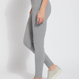 color=Grey Melange, side view, stretch cotton leggings, yoga pants, with smoothing comfort waistband and lifting, contouring seaming