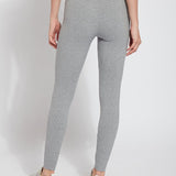 color=Grey Melange, back view, stretch cotton leggings, yoga pants, with smoothing comfort waistband and lifting, contouring seaming
