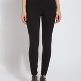 color=Black, front view, stretch cotton leggings, yoga pants, with smoothing comfort waistband and lifting, contouring seaming