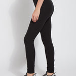 color=Black, side view, stretch cotton leggings, yoga pants, with smoothing comfort waistband and lifting, contouring seaming