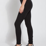 color=Black, side view, stretch cotton leggings, yoga pants, with smoothing comfort waistband and lifting, contouring seaming