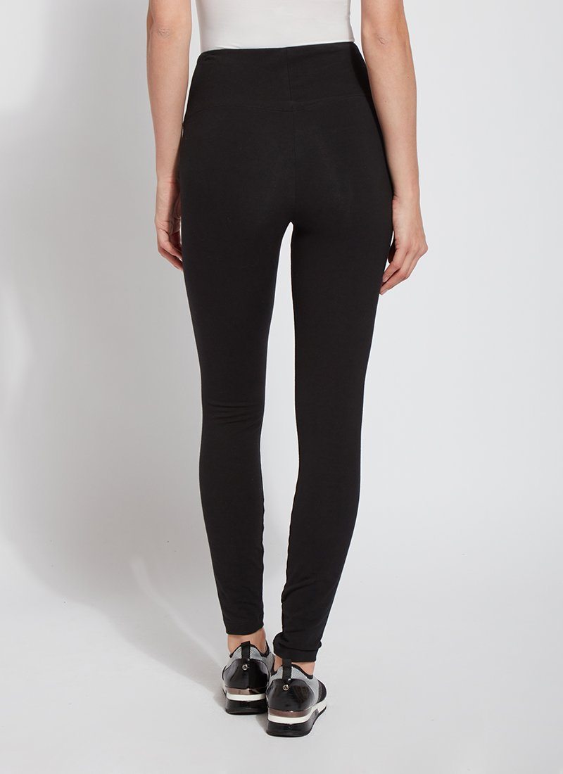 color=Black, back view, stretch cotton leggings, yoga pants, with smoothing comfort waistband and lifting, contouring seaming