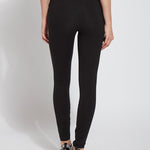 color=Black, back view, stretch cotton leggings, yoga pants, with smoothing comfort waistband and lifting, contouring seaming