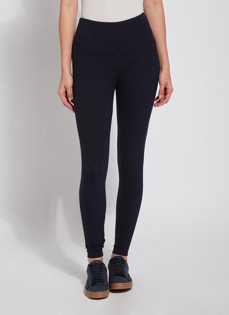color=Midnight, front view, stretch cotton leggings, yoga pants, with smoothing comfort waistband and lifting, contouring seaming