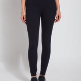 color=Midnight, front view, stretch cotton leggings, yoga pants, with smoothing comfort waistband and lifting, contouring seaming