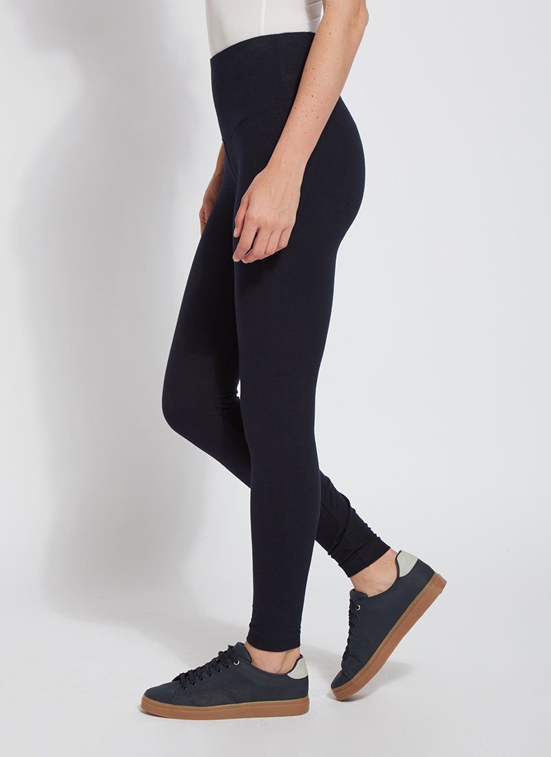 color=Midnight, side view, stretch cotton leggings, yoga pants, with smoothing comfort waistband and lifting, contouring seaming