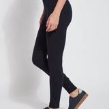 color=Midnight, side view, stretch cotton leggings, yoga pants, with smoothing comfort waistband and lifting, contouring seaming