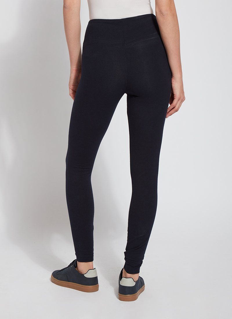 color=Midnight, back view, stretch cotton leggings, yoga pants, with smoothing comfort waistband and lifting, contouring seaming