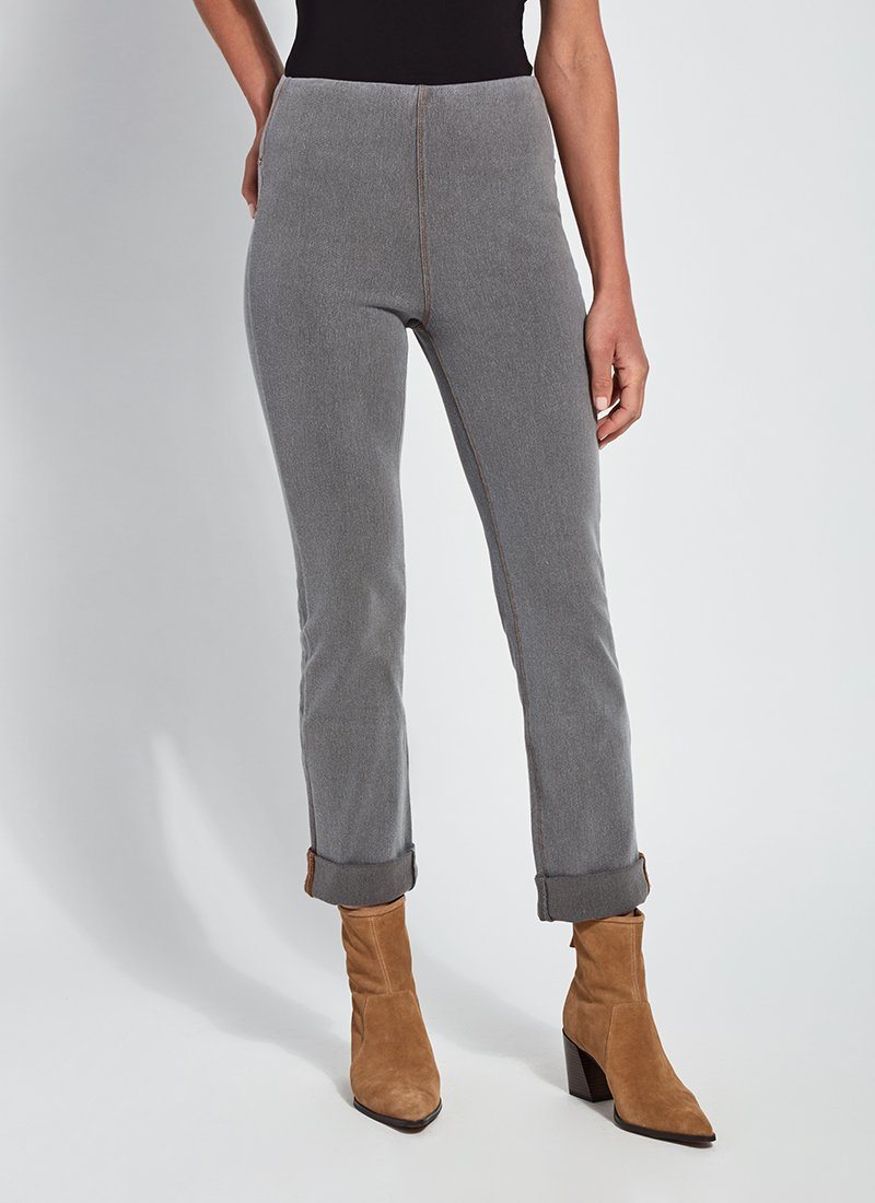 color=Mid Grey, Front view of mid grey, 4-way stretch, relaxed boyfriend denim jean legging, seen from waist down