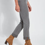 color=Mid Grey, Side view of mid grey,  4-way stretch, relaxed boyfriend denim jean legging, seen from waist down
