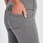color=Mid Grey, Angled rear detail view of mid grey color,  4-way stretch, relaxed boyfriend denim jean legging
