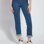 color=Mid Wash, front view, 4-way stretch, relaxed boyfriend denim jean legging with comfort waistband