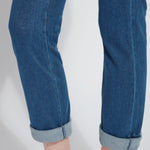 color=Mid Wash, hem detail, 4-way stretch, relaxed boyfriend denim jean legging with comfort waistband