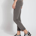 color=Warm Grey, Side view of Warm Grey, 4-way stretch, relaxed boyfriend denim jean legging in, seen from waist down