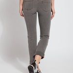 color=Warm Grey, Rear view of warm grey, 4-way stretch, relaxed boyfriend denim jean legging, seen from waist down