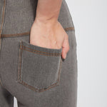 color=Warm Grey, Rear detail of warm grey, 4-way stretch, relaxed boyfriend denim jean legging