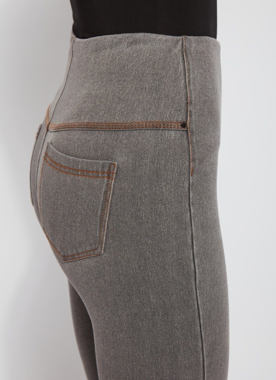 color=Warm Grey, Side detail veiw of warm grey, 4-way stretch, relaxed boyfriend denim jean legging