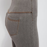 color=Warm Grey, Side detail veiw of warm grey, 4-way stretch, relaxed boyfriend denim jean legging