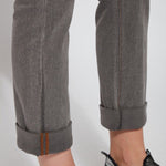color=Warm Grey, Cuff detail view of warm grey, 4-way stretch, relaxed boyfriend denim jean legging