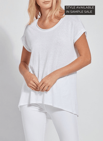 color=White, front view, women’s all purpose casual t-shirt, made from a soft linen blend, versatile for layering