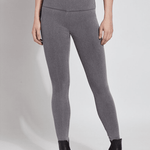 color=Mid Grey, Front shot of mid grey colored cotton and spandex denim leggings  with concealed signature waistband from the waist down