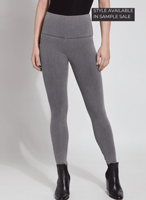 color=Mid Grey, Front shot of mid grey colored cotton and spandex denim leggings  with concealed signature waistband from the waist down