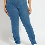 color=Mid Wash, front view, curvy denim straight leg pant legging, flattering and slimming concealed waistband