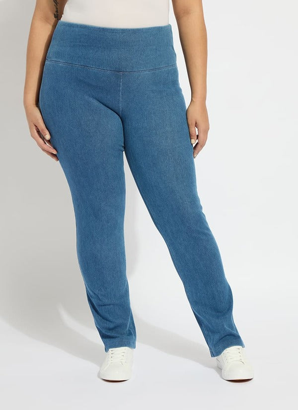 color=Mid Wash, front view, curvy denim straight leg pant legging, flattering and slimming concealed waistband