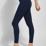 color=True Navy, side view, classic foundational legging with concealed comfort waistband for slimming and shaping